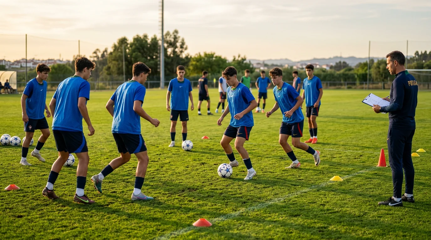 Jóvenes futbolistas entrenando en un campo de césped con camisetas de academia portuguesa
