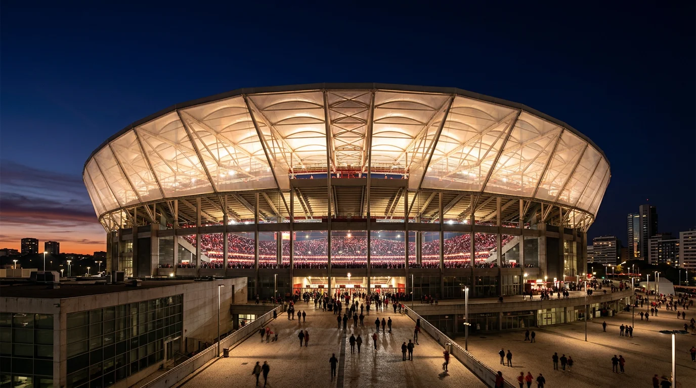Estádio da Luz del Benfica iluminado de noche con grada llena de aficionados