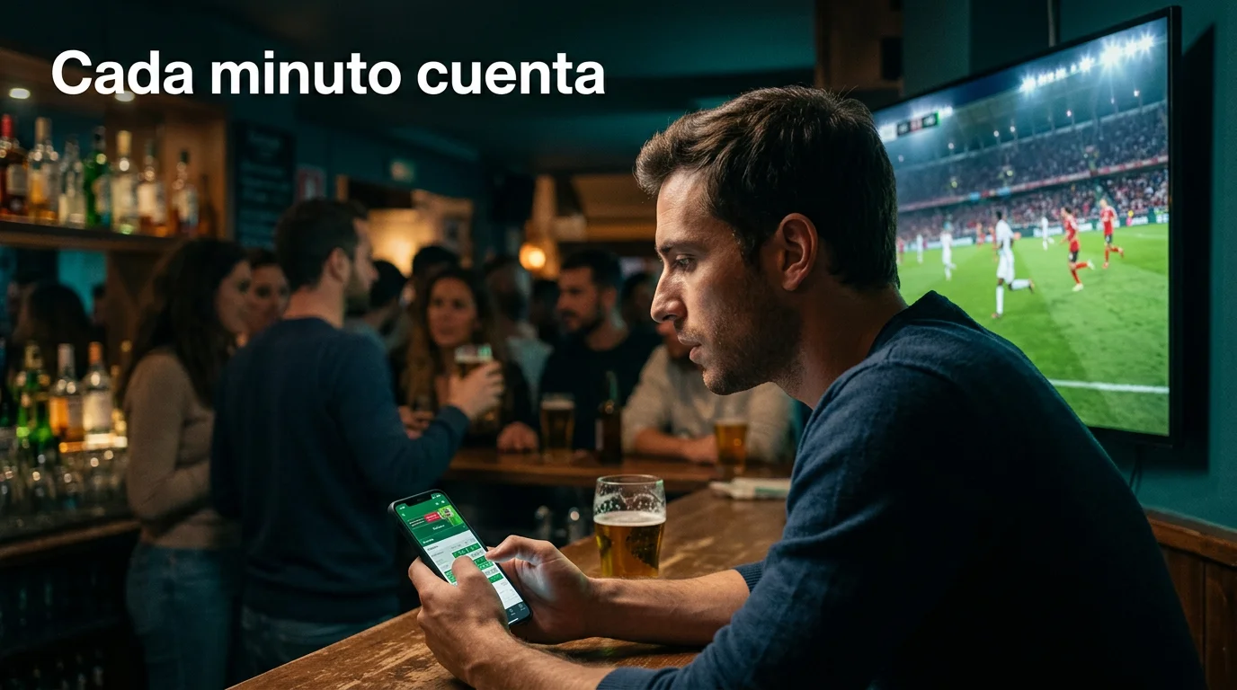 Aficionado siguiendo un partido de fútbol en directo mientras consulta apuestas en vivo en su móvil