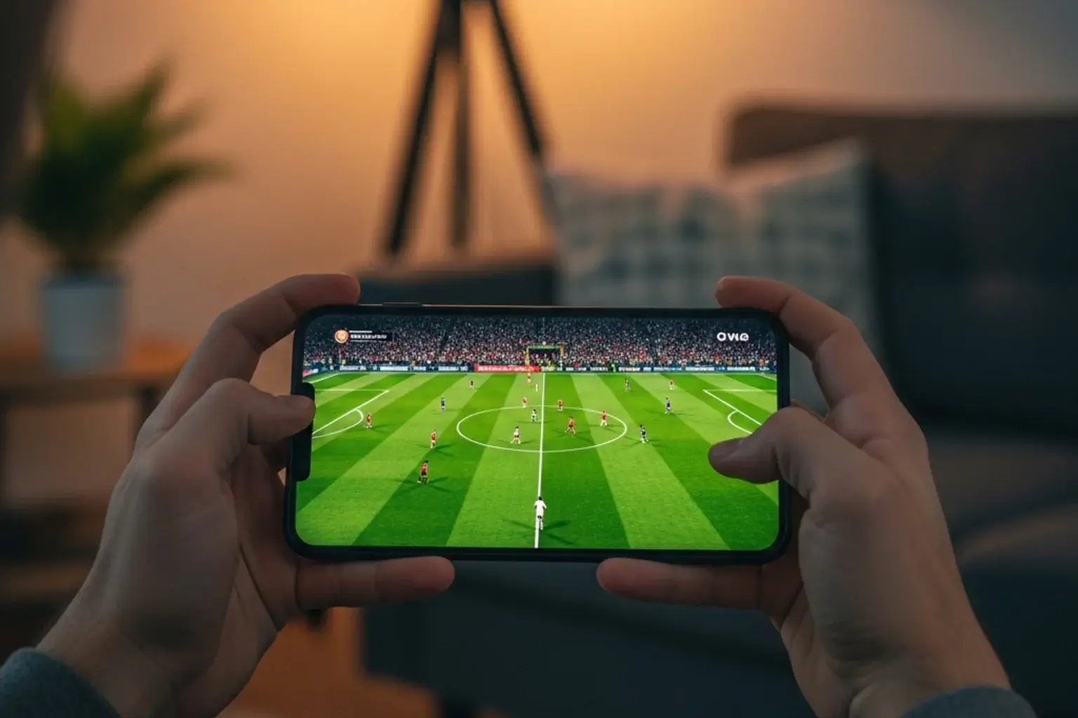 Aficionado siguiendo un partido de fútbol en vivo desde su móvil con cuotas de apuestas en pantalla