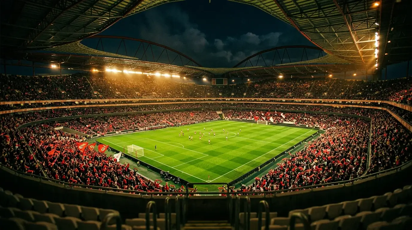 Estadio de fútbol portugués iluminado durante un partido nocturno de la Primeira Liga