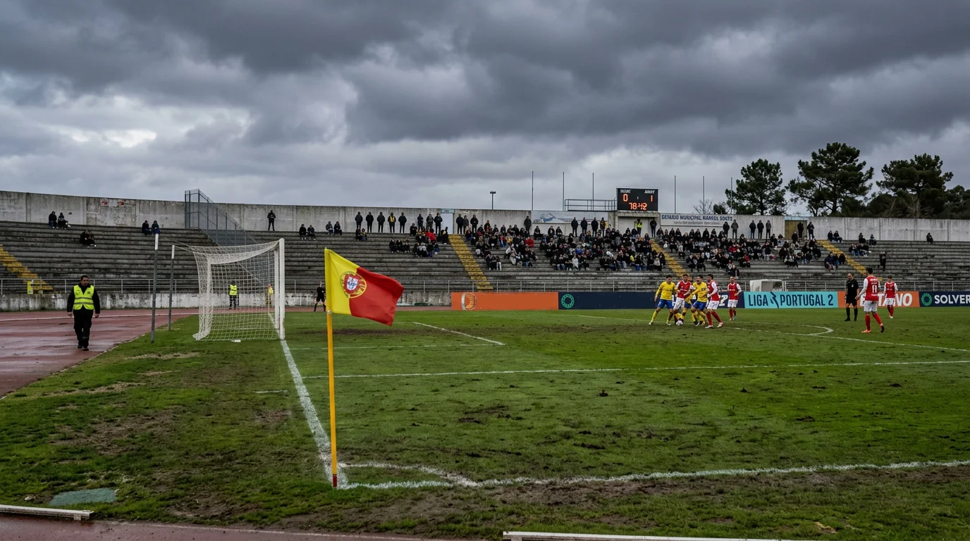 Grada semivacía de un estadio de fútbol pequeño con césped y banderín de córner