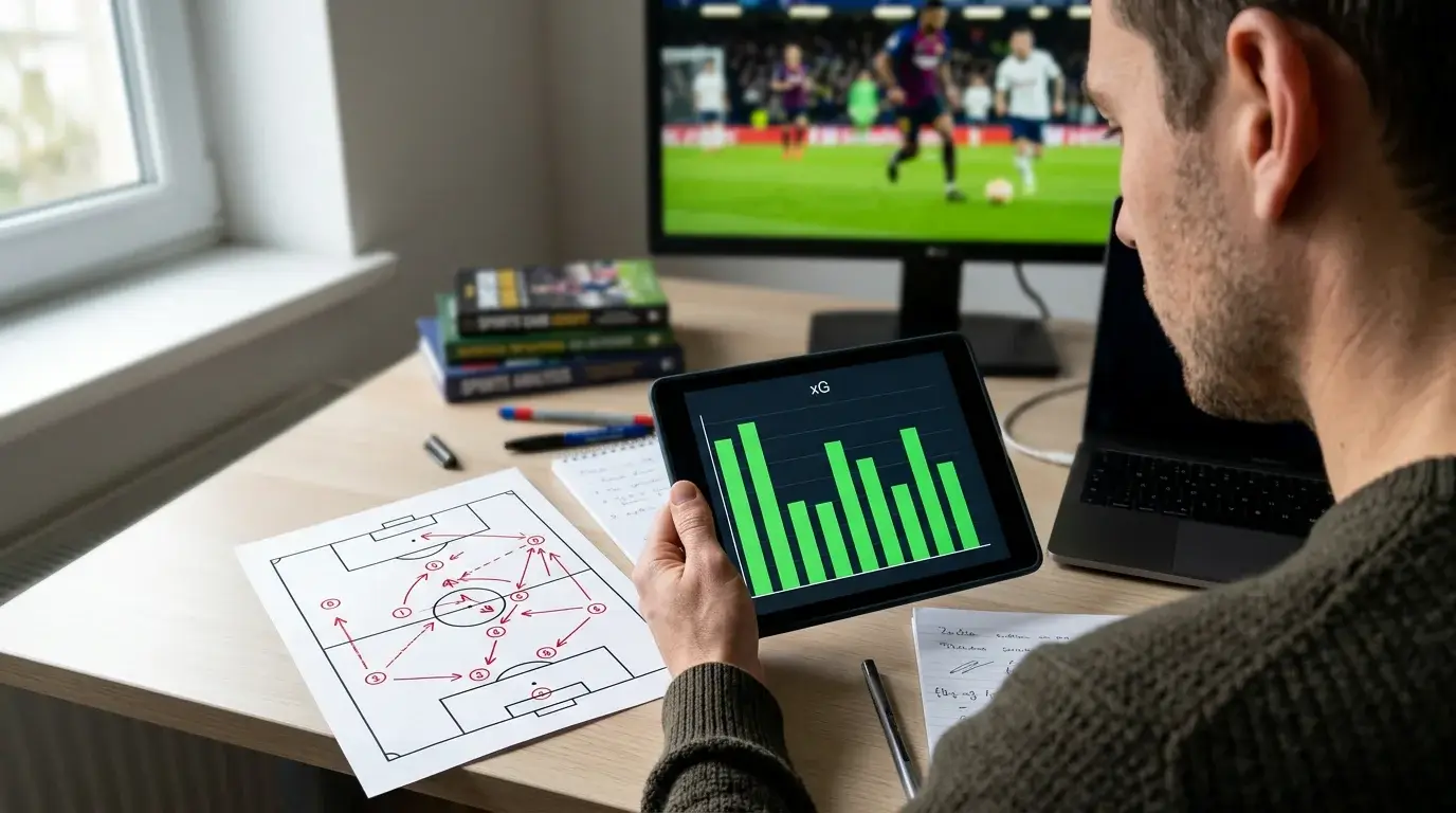 Analista deportivo revisando gráficos de goles esperados xG en una tablet junto al campo de fútbol