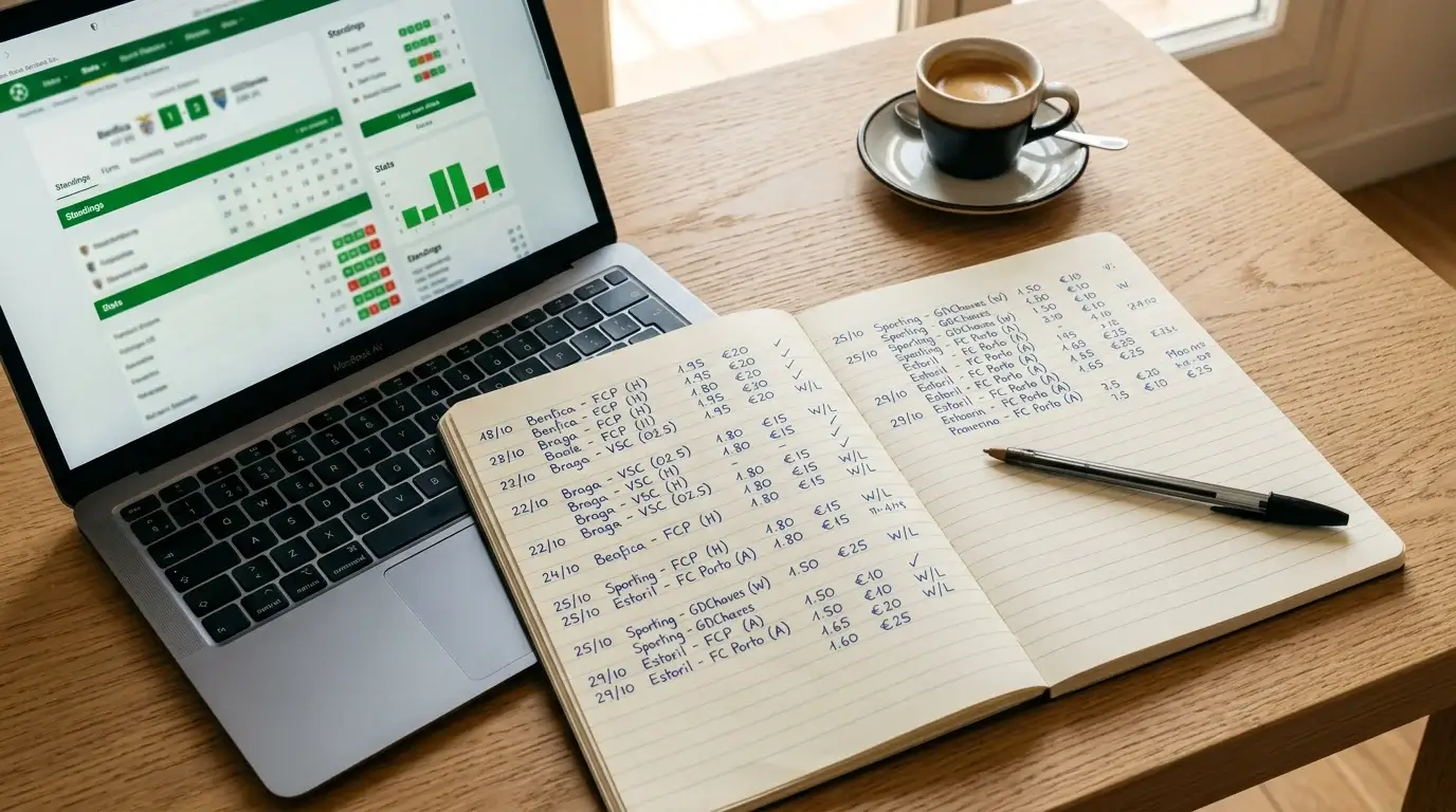 Cuaderno con anotaciones de apuestas deportivas junto a un portátil mostrando datos de la Primeira Liga