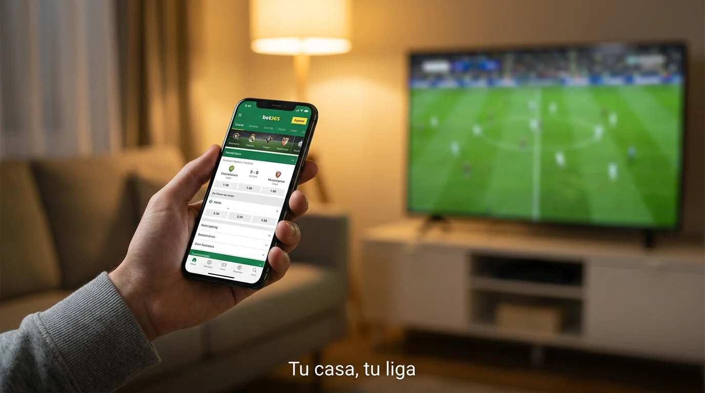 Persona comparando casas de apuestas en un móvil con un partido de fútbol de fondo